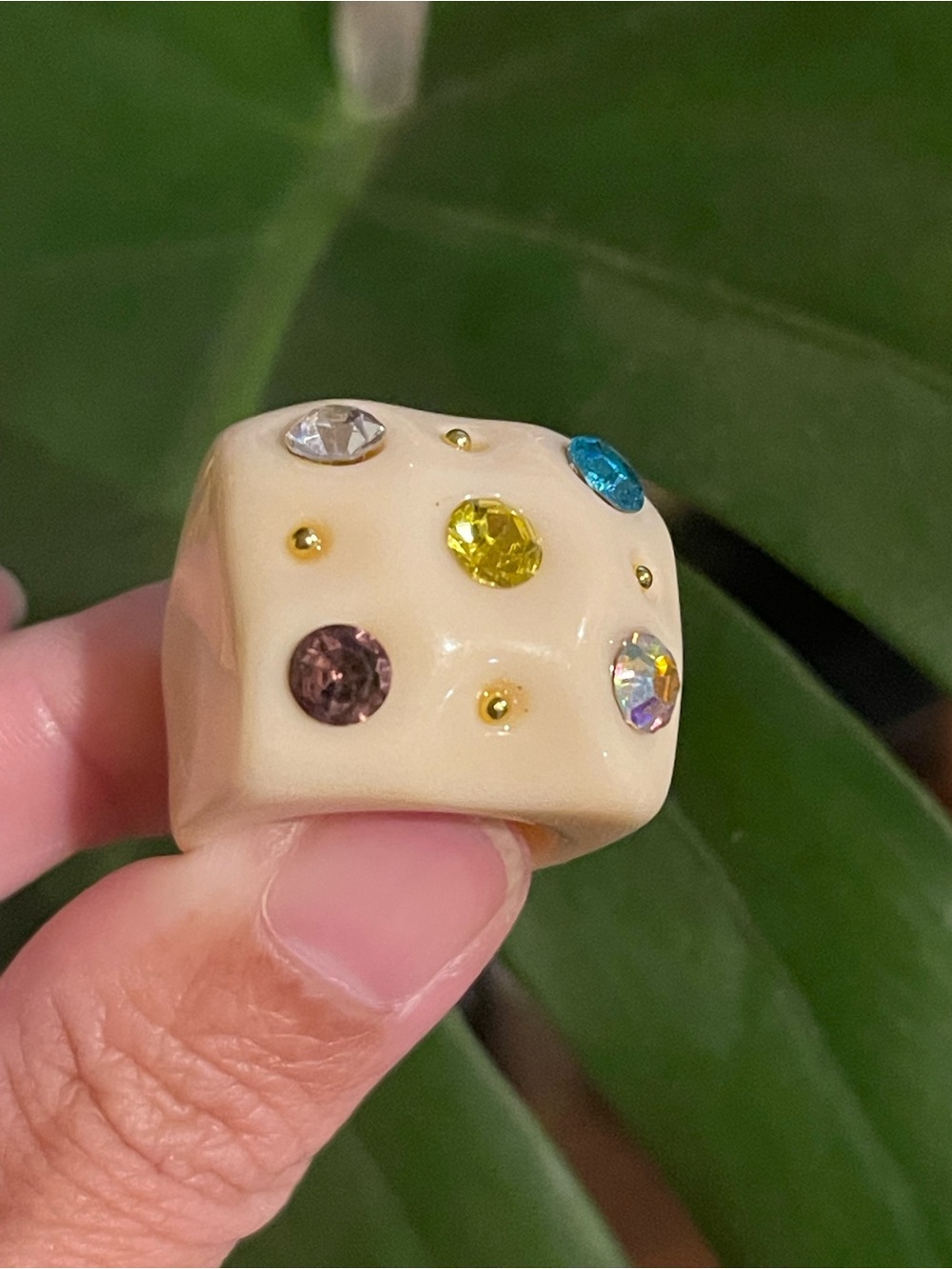 Cream Resin Statement Ring with Multicolor Gem Accents